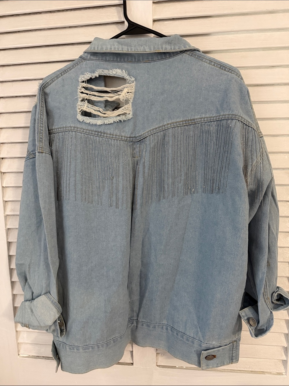 Light Wash Denim Jacket with Rhinestone Fringe